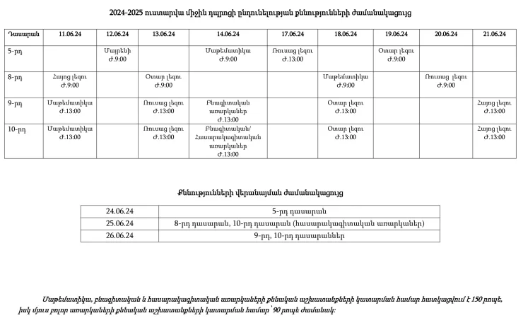 2024-2025 ուստարվա միջին դպրոցի ընդունելության քննությունների ժամանակացույց